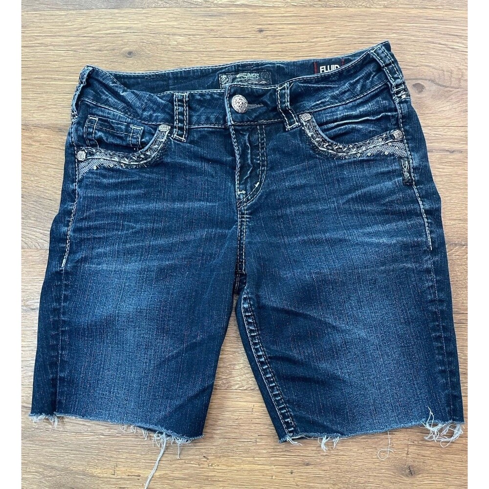 Silver Jeans Suki Mid Cutoff Denim Shorts Y2K Bling Sequins W28 L33 Inseam 7.5